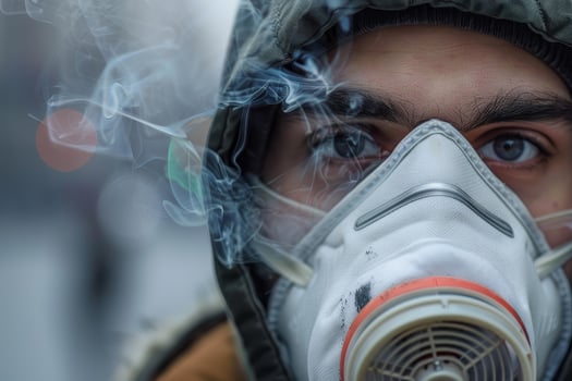 Young man wearing protective mask standing in smoke photo