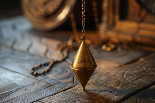 Golden pendulum hanging over wooden table in spiritual atmosphere photo