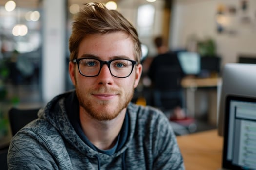 Young professional smiling in busy open plan office photo