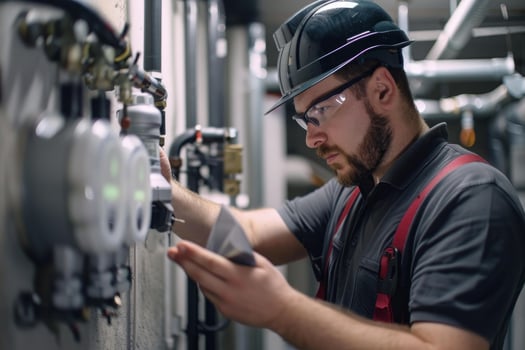 Technician wearing hardhat and safety glasses examining pressure gauge reading photo