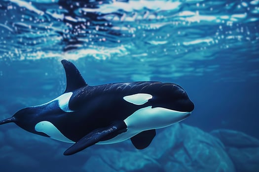 Large beautiful orca whale swimming in deep blue water photo