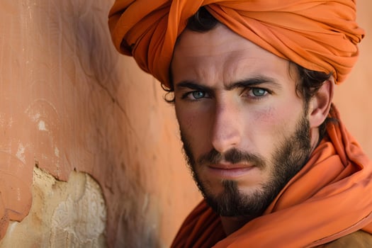 Handsome man wearing orange turban posing near wall photo