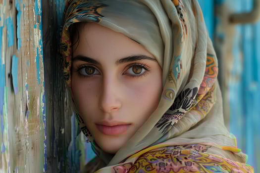 Young woman wearing traditional hijab posing near blue wall photo