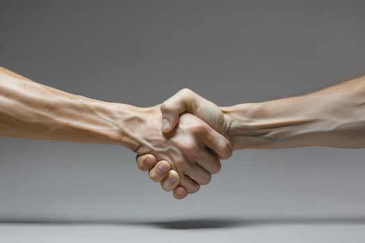 Two business people shaking hands on grey background photo