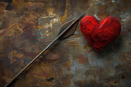 Rusty arrow pointing to red heart on metal background photo
