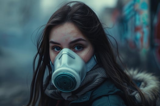 Young woman wearing gas mask in city photo