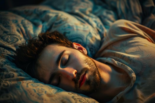 Young man sleeping peacefully in bed at night photo
