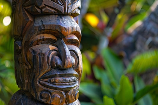 Traditional wooden tiki statue standing in tropical garden photo