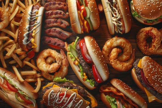 Variety of fast food meals lying on wooden table photo