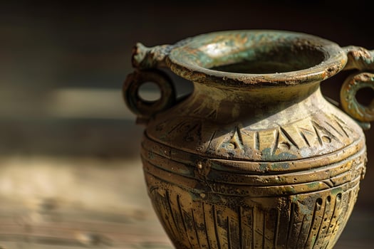 Ancient greek amphora with two handles is standing on a wooden surface photo