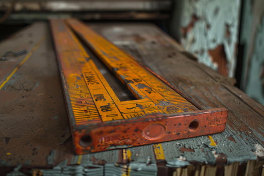 Old orange level sitting on peeling paint bench photo