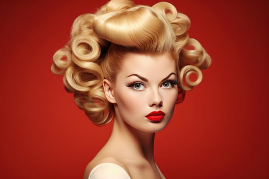 Elegant woman with classic pin-up hairstyle and makeup on a vivid red background photo