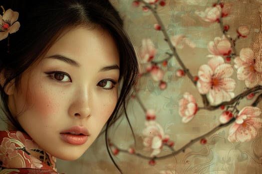 Serene beauty in traditional attire with cherry blossoms photo
