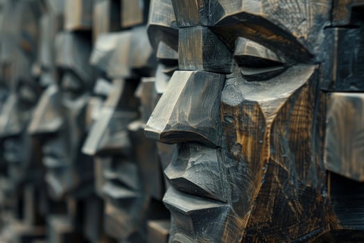 Abstract wooden sculpture of human faces conveying deep emotion photo