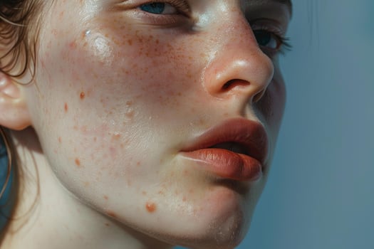 Young woman posing with freckles and blemishes showing on skin photo