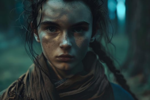 Young woman wearing scarf standing in forest looking serious photo