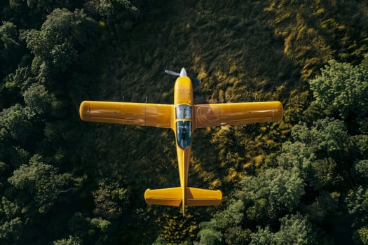 Yellow airplane flying above green forest during daytime photo