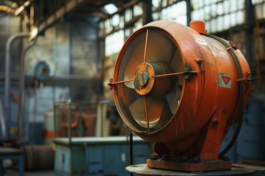 Large orange industrial fan standing in factory setting photo