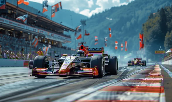 Formula one race, with several cars competing at high speed on a modern track photo