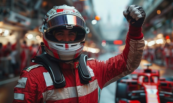 Formula one racing team driver cheering, celebrating victory on sports track photo