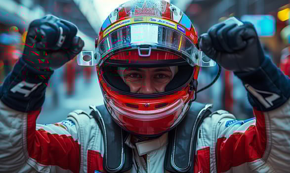 Formula one racing team driver cheering, celebrating victory on sports track photo