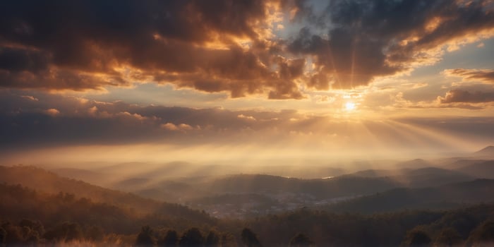 heavenly dawn breathtaking sunrise sky with dramatic rays of golden light piercing through layered clouds creating a celestial spectacle above misty landscape. photo