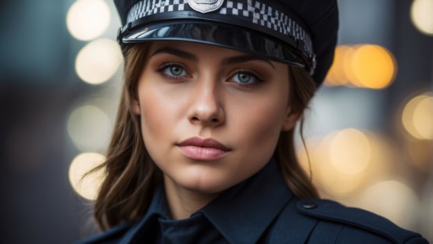Close up of face of young attractive female police officer. photo