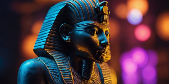 Ancient Egyptian pharaoh statue illuminated by neon lights for creative use. photo