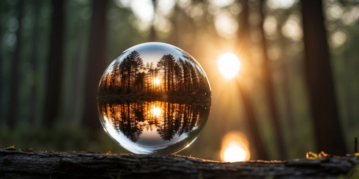 reflective glass sphere with forest landscape accentuated by a beautiful sunrise. photo