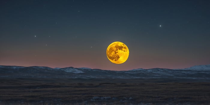 bright yellow moon shining in the night sky above the arctic tundra in late summer. photo