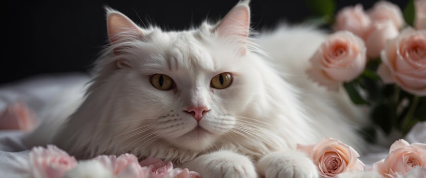 A fluffy white cat lies on a bed with pink roses and petals generation. photo