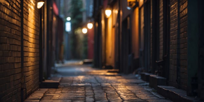 a dimly lit alleyway with a light shining from the end. photo
