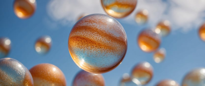 A refreshing polka dot background material with the image of soap bubbles floating in the sky. photo