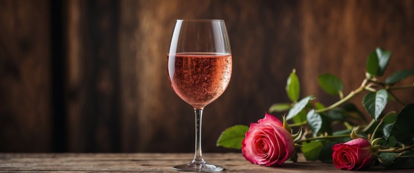 A glass of rose wine standing on rustic wooden table. photo