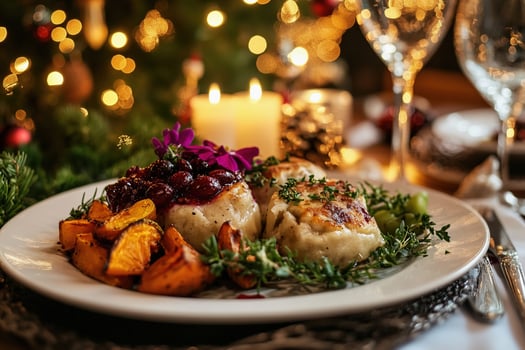 Intimate holiday dinner with a festive Christmas tree and delicious seasonal dishes. photo