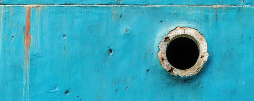old blue painted wall with hole photo