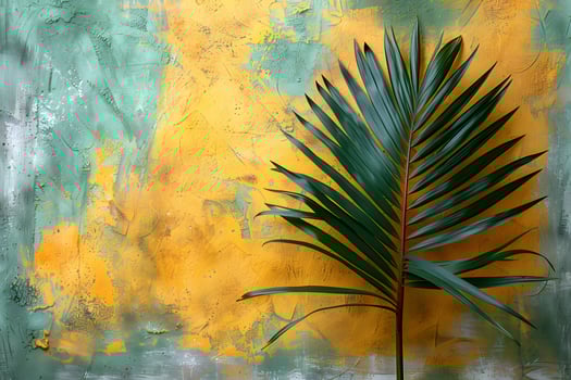 Tropical Palm Leaf Against Artistic Yellow and Green Textured Wall for Design, Poster, or Print photo