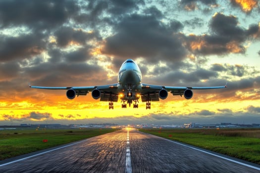 Passenger airplane landing at airport runway during sunset photo