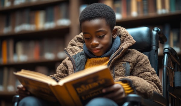 A young boy is sitting in a chair and reading a book. He is wearing a brown jacket and a scarf. The scene takes place in a library, with many books surrounding him photo