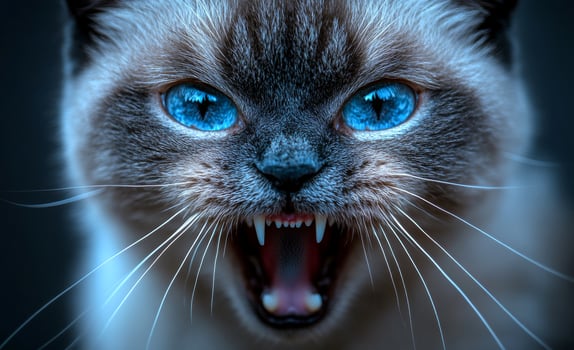 A cat with blue eyes and a mouth open wide. The cat's mouth is full of teeth, and its eyes are wide open, giving the impression of fear or aggression photo
