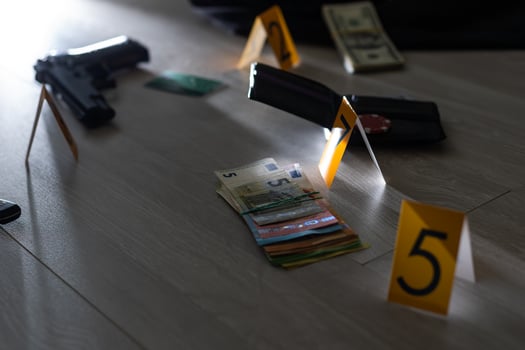 Crime scene investigation - numbering of evidences after the murdering in apartment. Brass knuckle, wallet and clothes with evidence markers photo