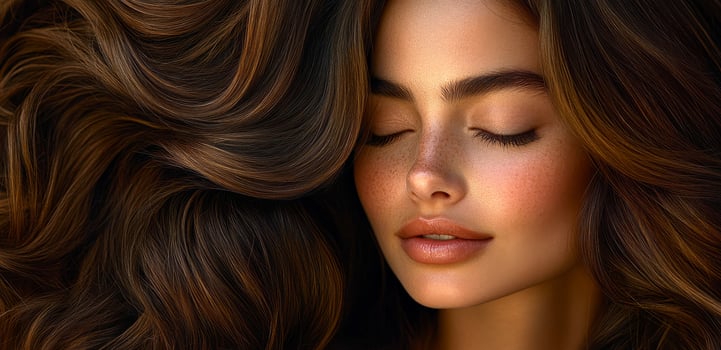 A woman with long brown hair and a tan complexion. She has a light brown eye shadow and a pink lip color photo
