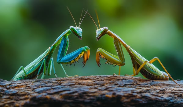 Two green and blue praying mantises are facing each other on a log. Concept of curiosity and intrigue as the two insects appear to be engaged in a battle or a conversation photo