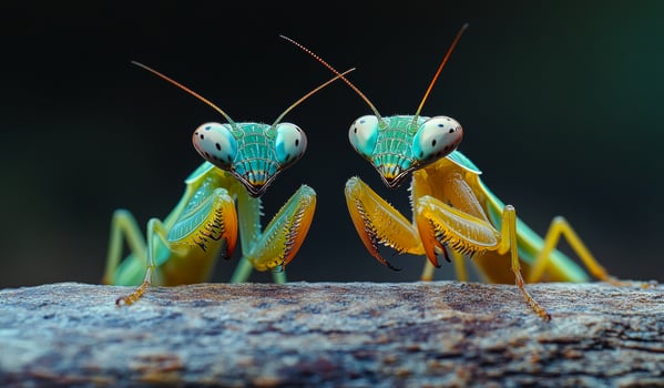 Two green and yellow insects are standing next to each other on a log. The insects are facing each other and appear to be looking at the camera photo