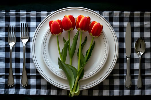 Elegant Dining Table Setup with Red Tulips on Plates - Perfect for Spring and Festive Decor photo