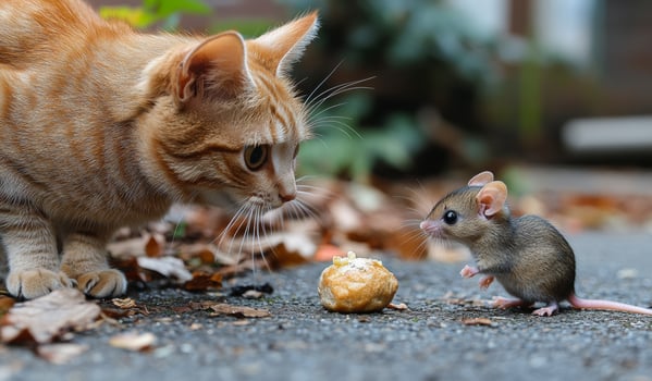 A cat and a mouse are standing next to each other, with the cat looking at the mouse photo