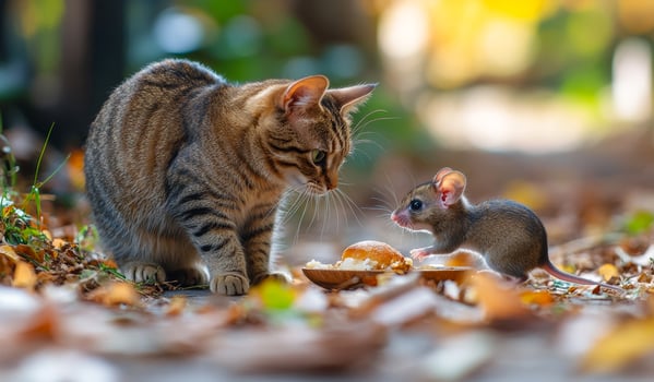 A cat and a mouse are eating food together photo
