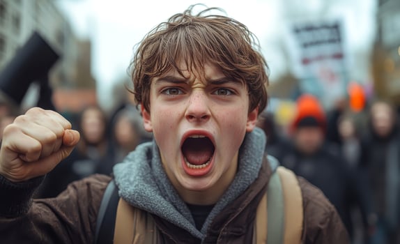 A young man is standing in a crowd of protesters, his fist clenched and his mouth open in anger photo