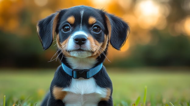 A small brown and white dog with a blue collar is sitting on the grass. The dog has a curious expression on its face photo