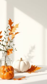 White Pumpkin with Fall Leaves in Jar on White Background photo